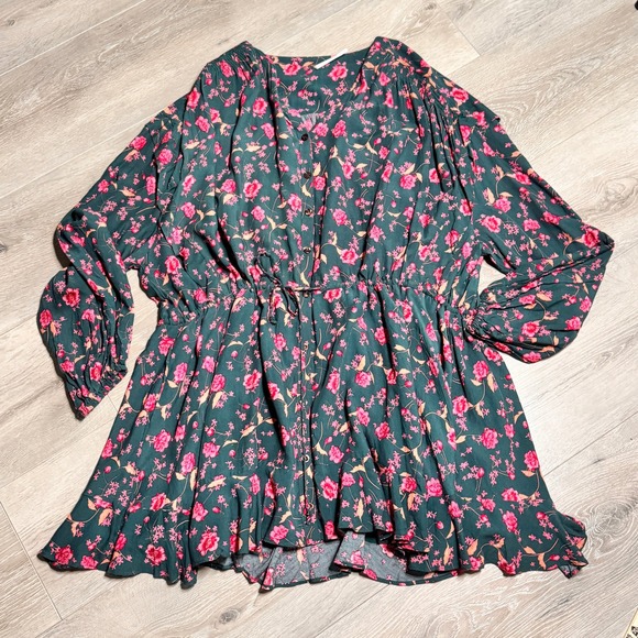 Free People Dresses & Skirts - Free People Flower Fields Mini Dress Drawstring Waist Teal Pink Medium M